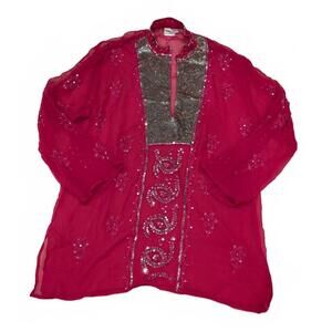 Sweet Lady Women's Hot Pink & Silver Sequin Sheer Whimsical Gypsy Tunic Blouse
